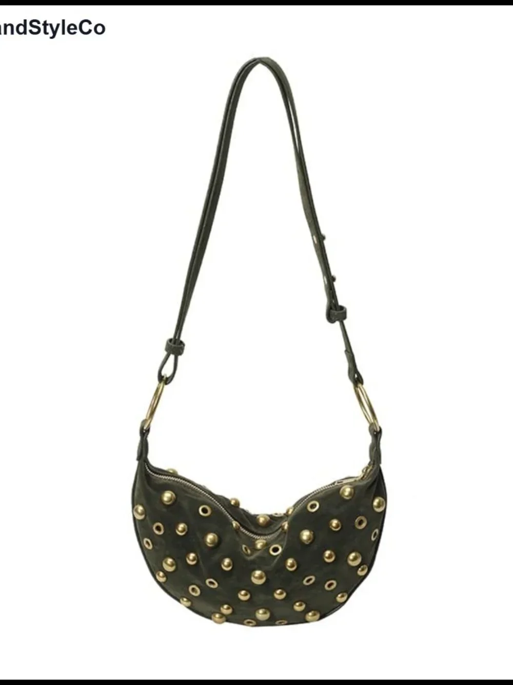 Faux Suede Studded Hobo Shoulder Bag Adjustable Strap Crescent Purse